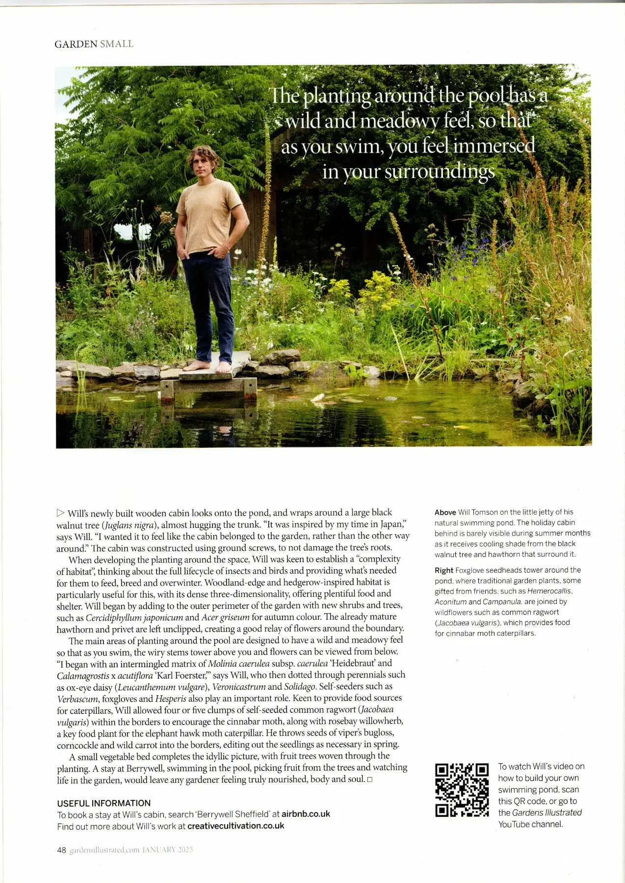 Gardens Illustrated, January 2025 — Garden Small feature: Will Tomson on the jetty of his natural swimming pond at Berrywell