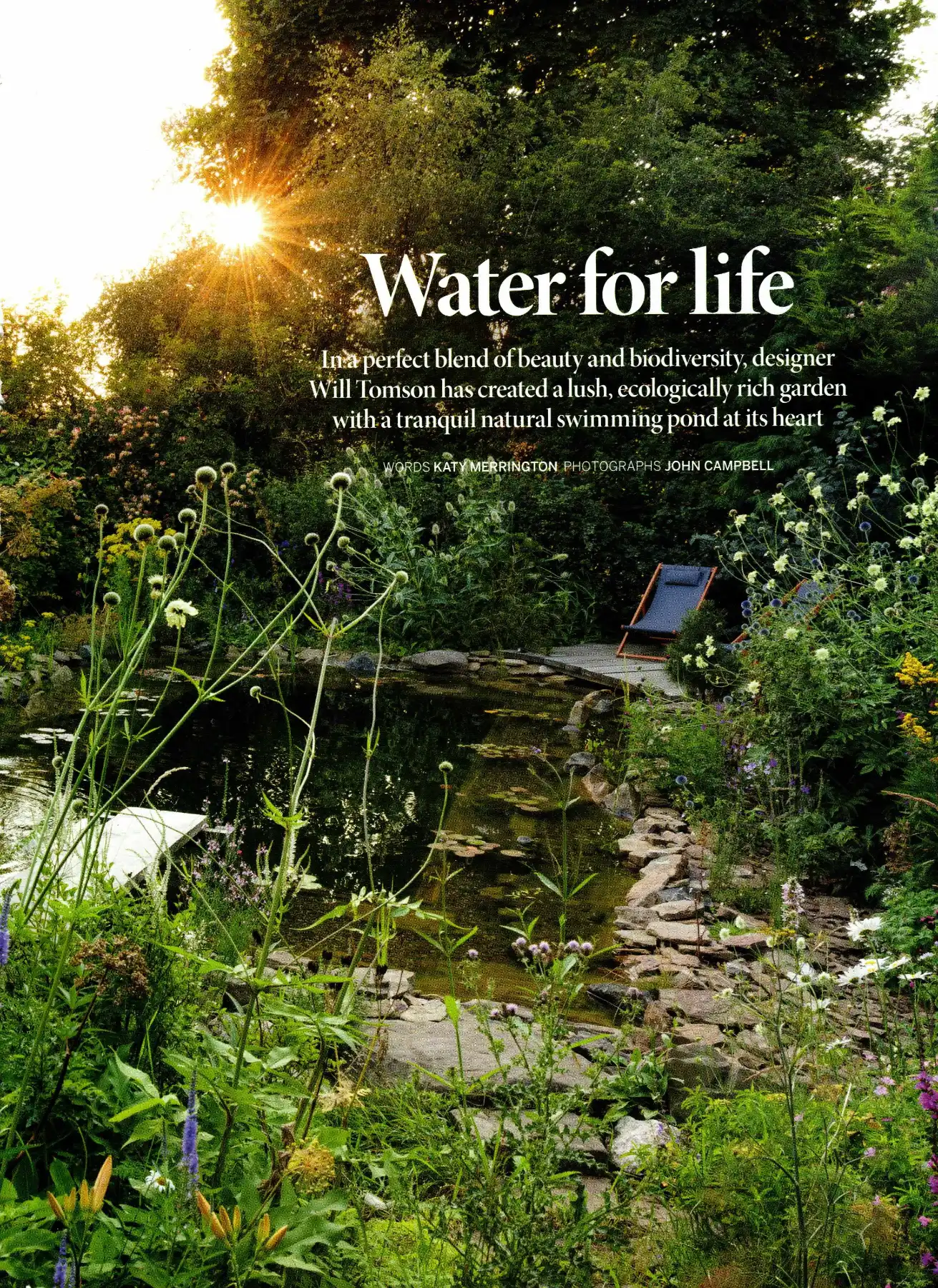Gardens Illustrated, January 2025 — 'Water for life' feature opening page showing the natural swimming pond at Berrywell