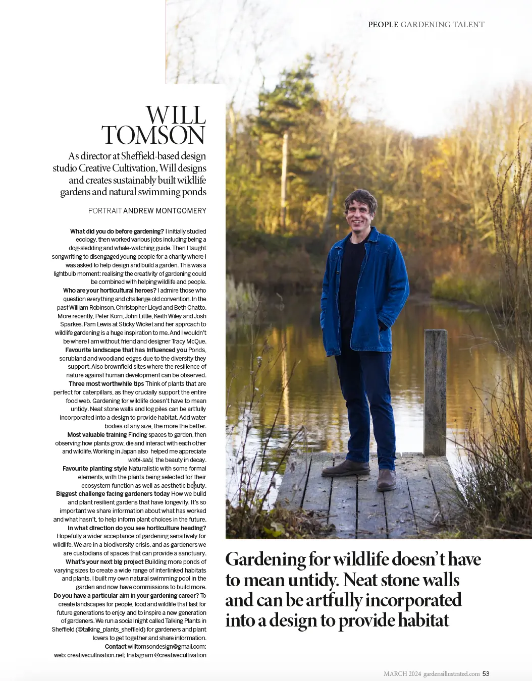 Will Tomson standing on a wooden jetty by a woodland pond — Gardens Illustrated, March 2024, Gardening Talent feature